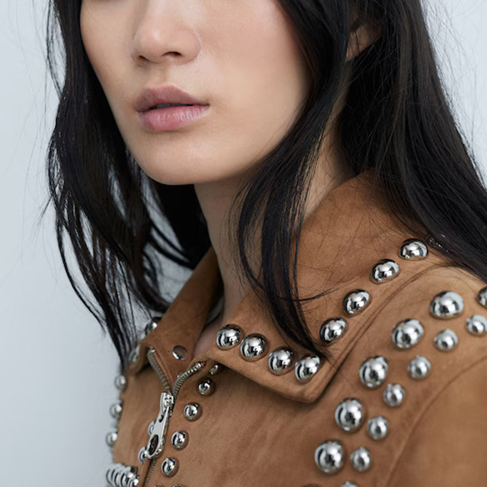 Women's Western-Style Tan Studded Leather Jacket