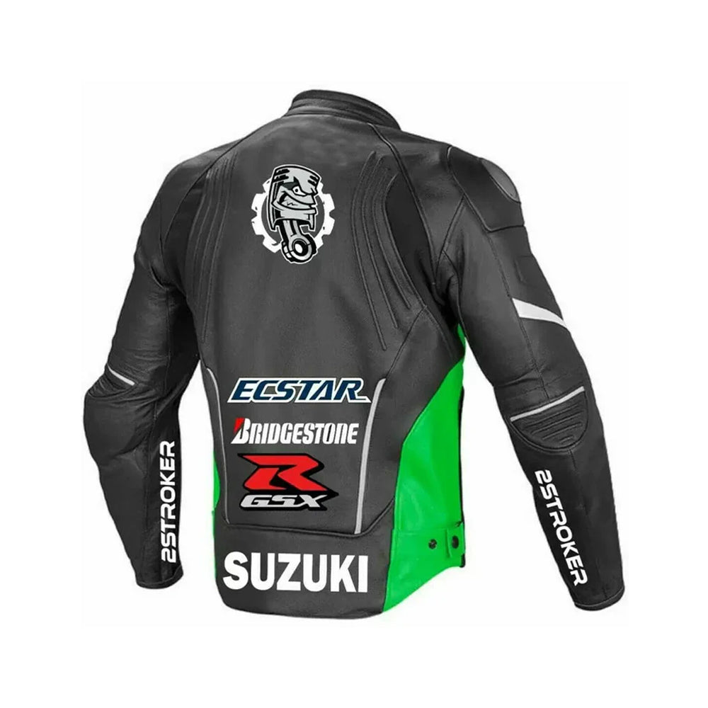 Back of Suzuki GSXR Leather Jacket with Piston Graphic and Green Panels