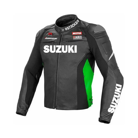 Front of Suzuki GSXR Black Racing Leather Jacket with Neon Green Sides