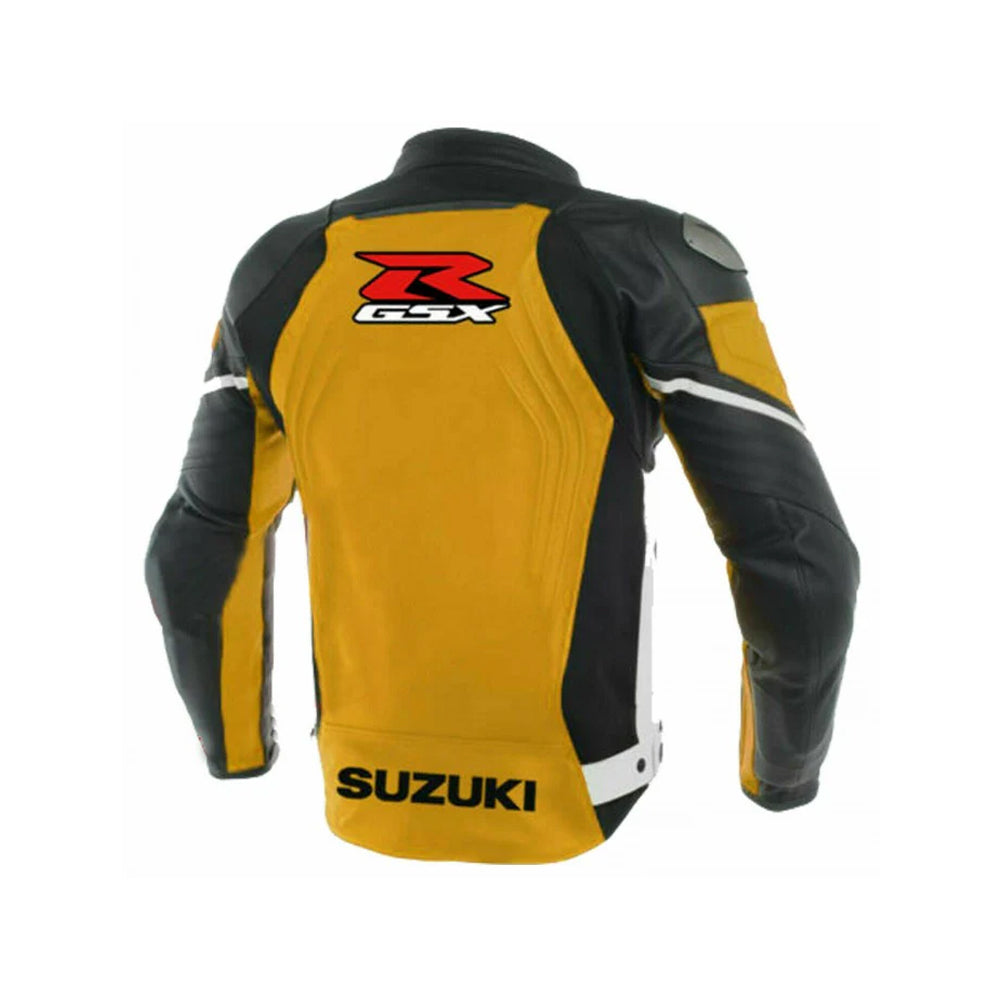 Back View of Yellow Suzuki GSXR Jacket with Red and Black GSX Graphic