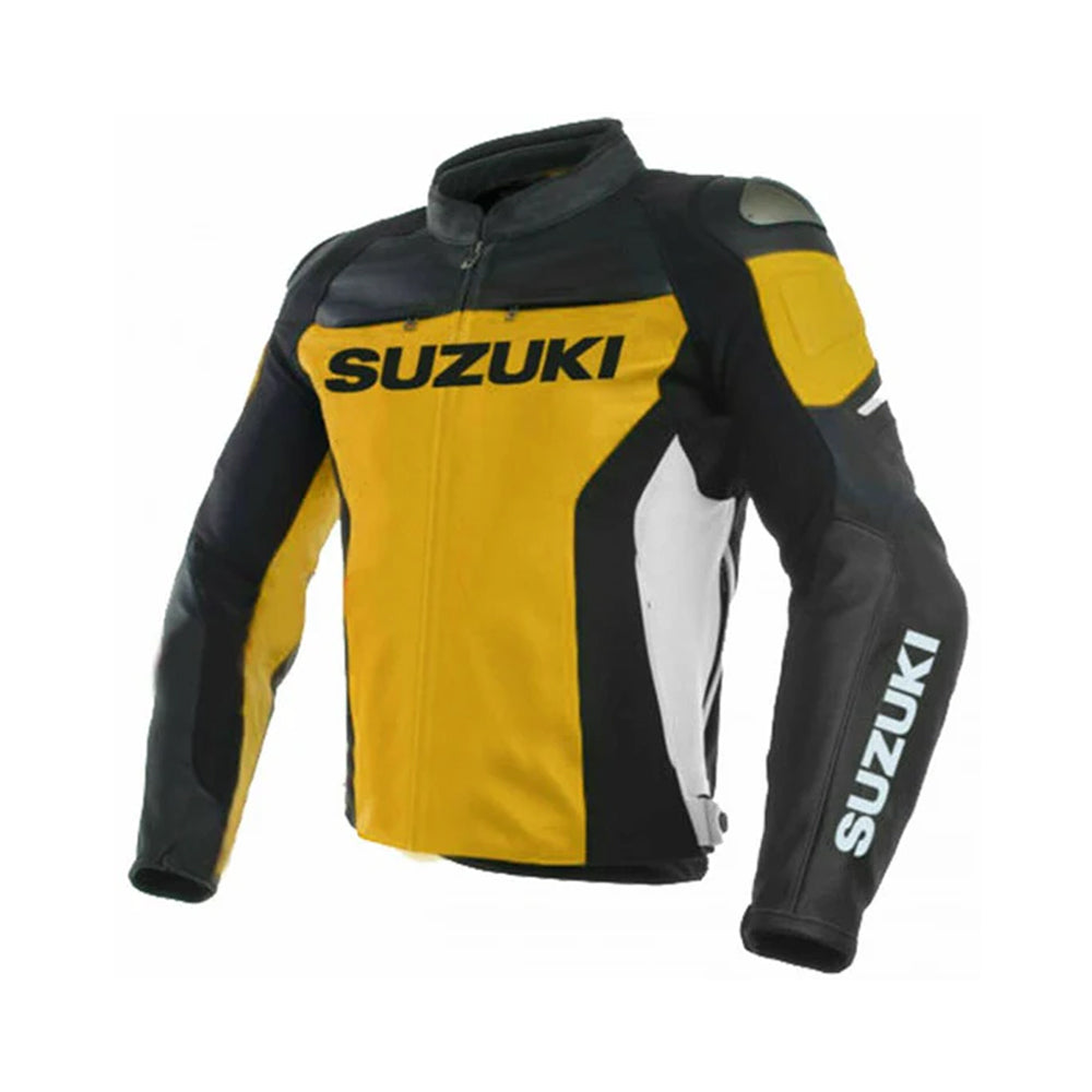 Front of Suzuki GSXR Racing Leather Jacket in Yellow and Black Colors