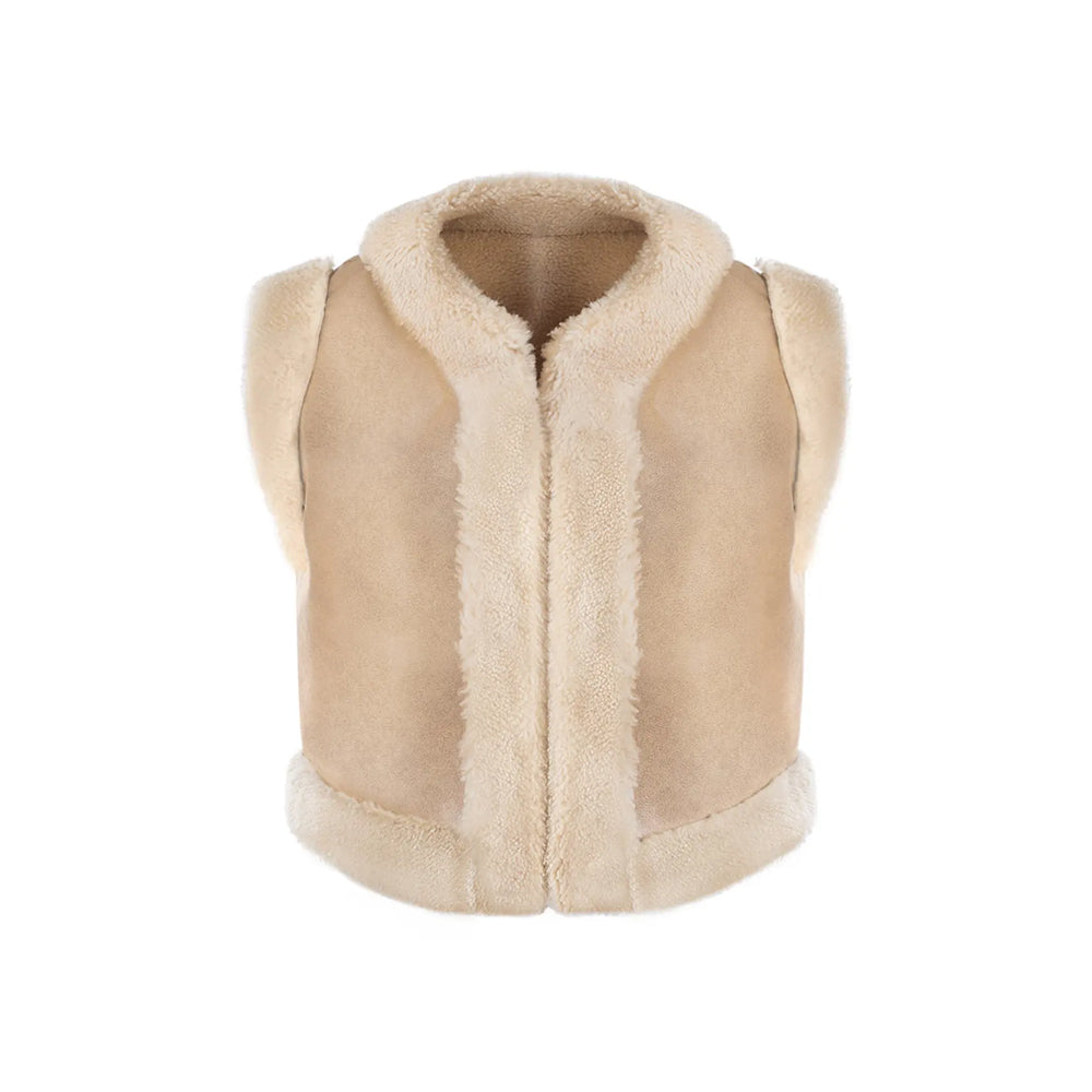 Studio front of tan double-face shearling gilet with rounded collar and open-front fleece border