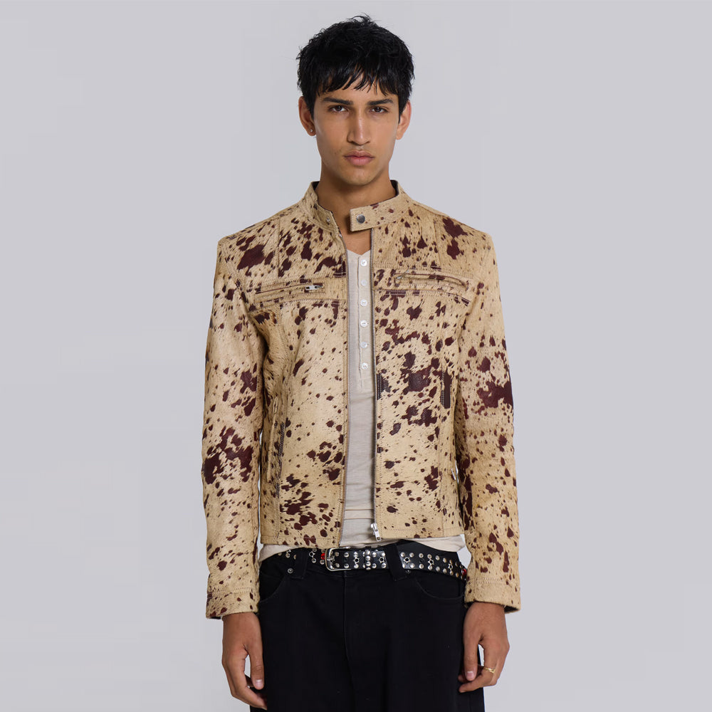 Open-front view of tan hair-on-hide jacket with snap-tab collar and brown polyester interior