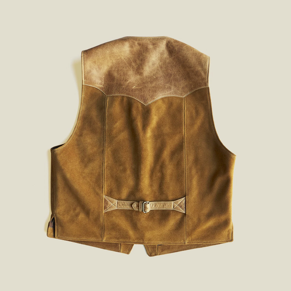 Back view of tan Western suede vest showing pointed top-grain shoulder yoke, vertical seams and adjustable buckle strap