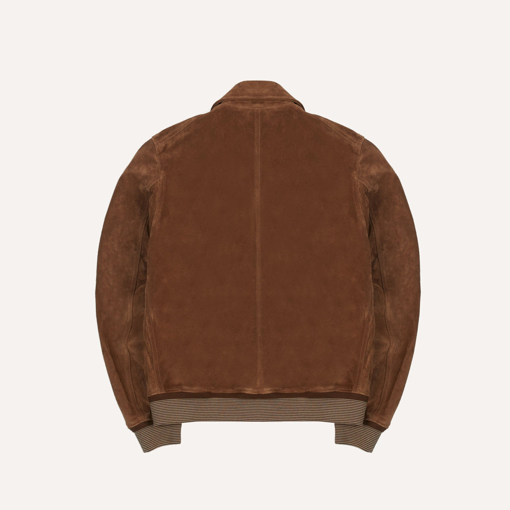 Back flat-lay view of tobacco calfskin suede jacket showing the clean center seam, shaped sleeves and striped waistband.