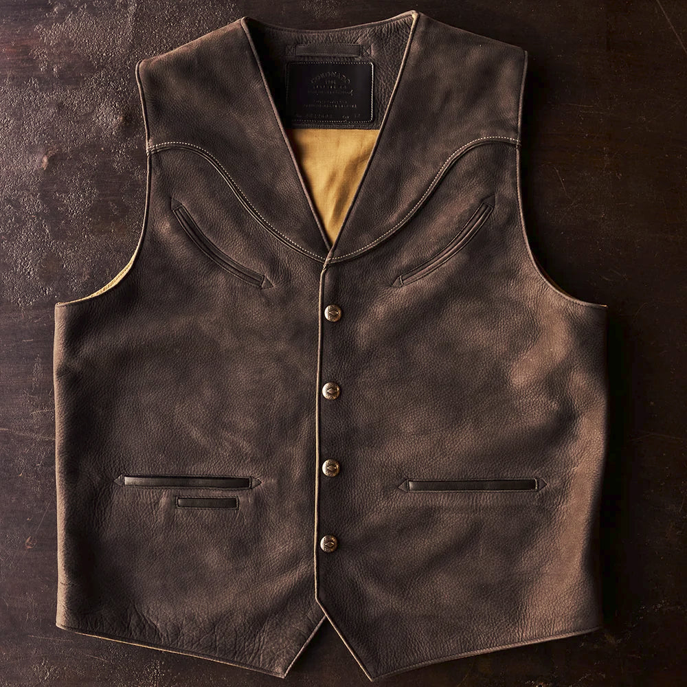 Flat-lay view of the top-grain charcoal cowboy waistcoat with a deep V-neck and pointed Western front hem