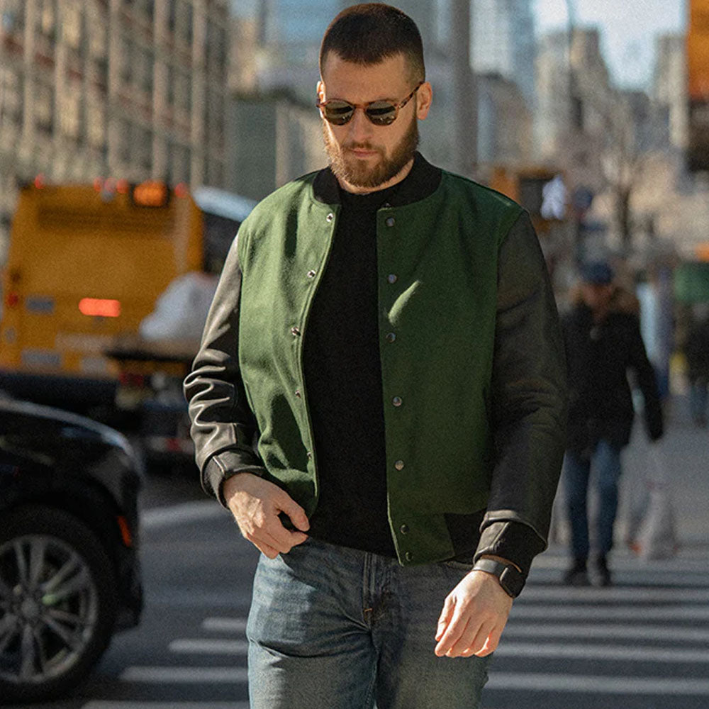 Men's Black & Green Pine Letterman Varsity Jacket