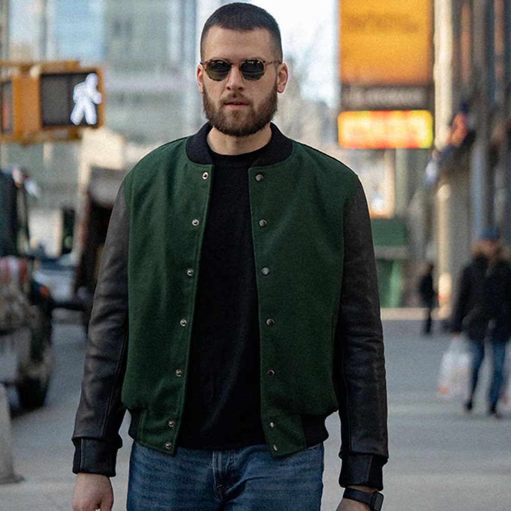 Men's Black & Green Pine Letterman Varsity Jacket