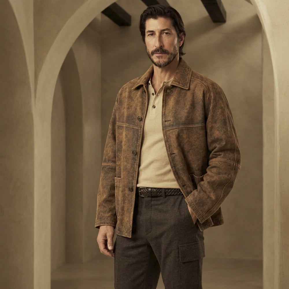Three-quarter model view of vintage brown cowhide work jacket showing relaxed lower-hip fit and hand-waxed tonal finish