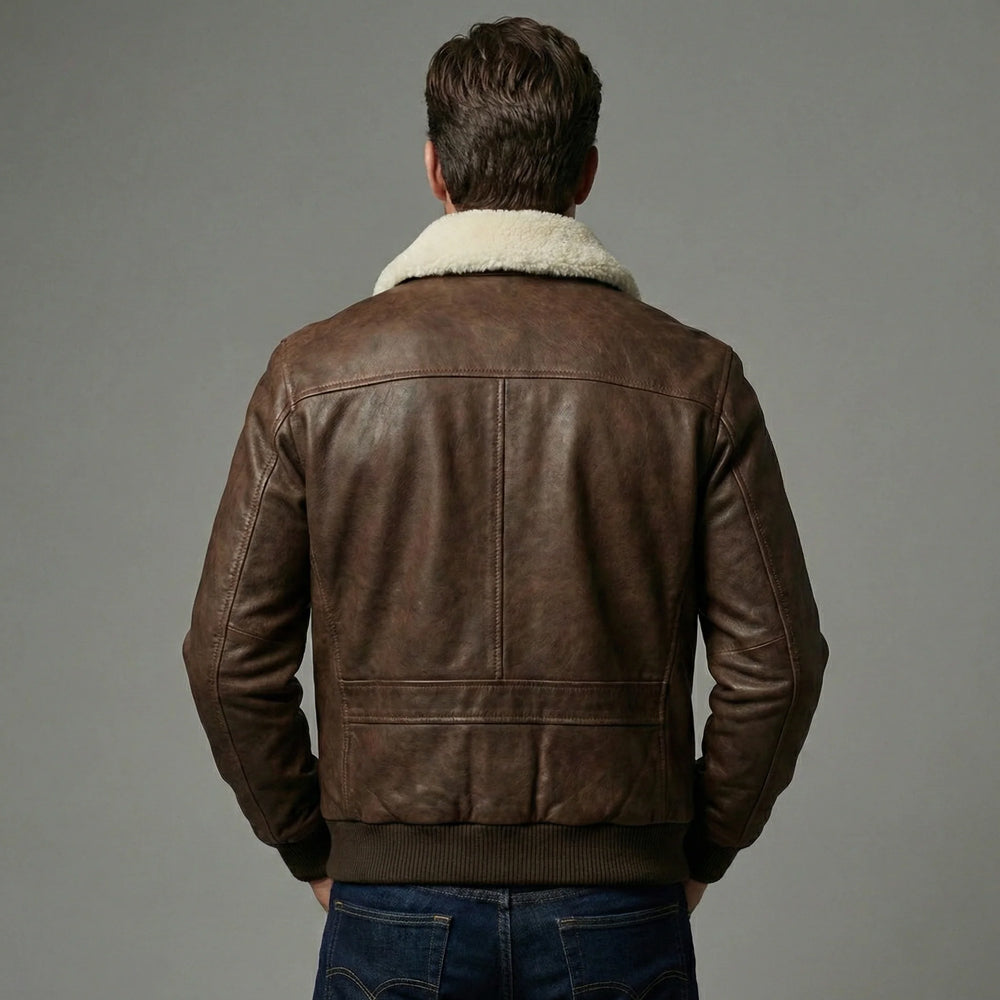 Back view of men's vintage brown sheepskin aviator jacket with shearling collar