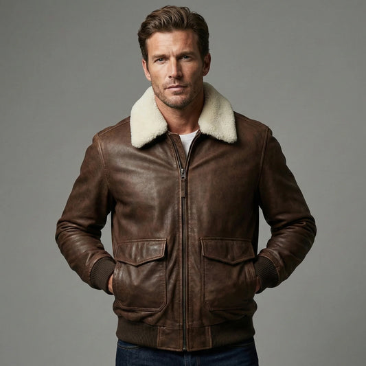 Front view of men's brown leather aviator jacket with cream shearling collar and flap pockets