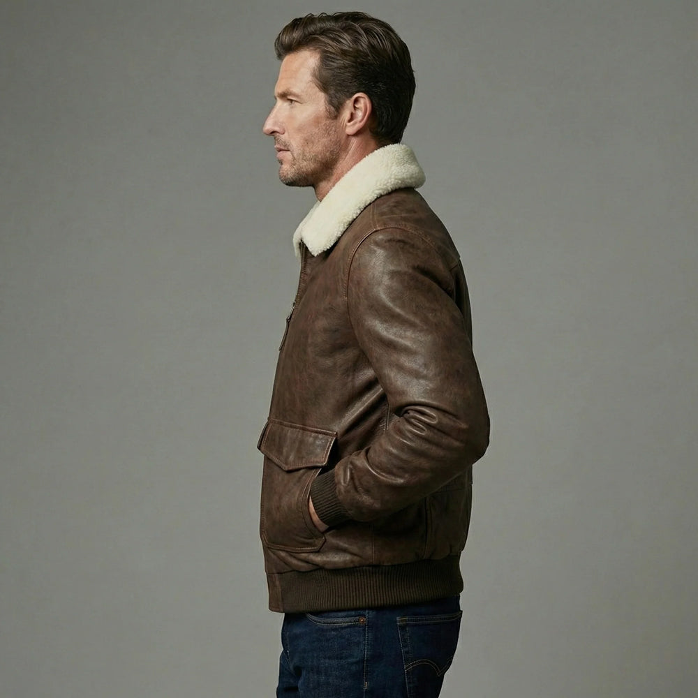Side view of men's distressed leather aviator jacket showing shearling collar and fit