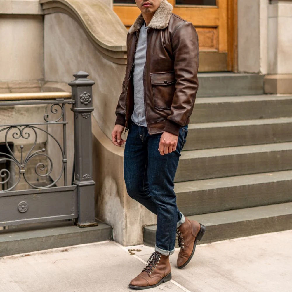 Full body street-style photo of vintage-style aviator leather jacket with boots