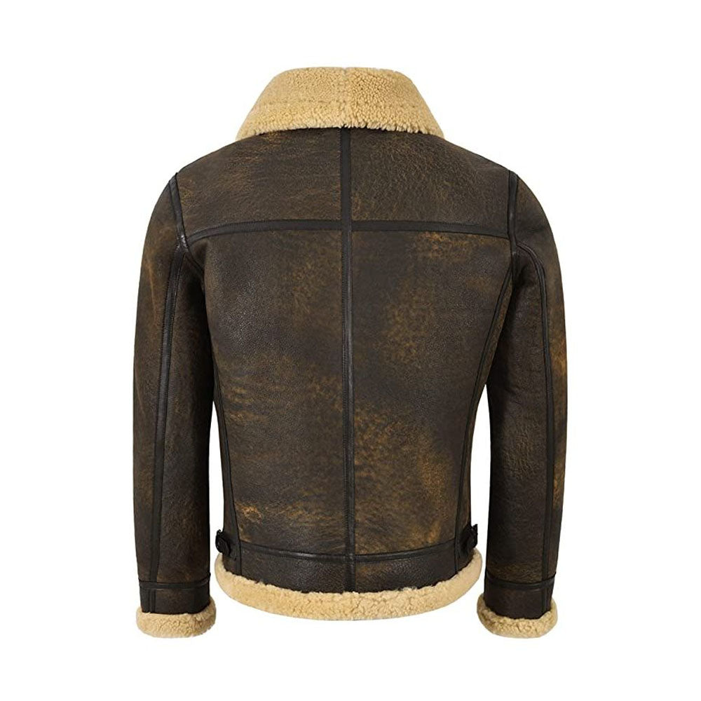 Back view of weathered antique B-3 shearling bomber coat displaying 4-panel layout with dark brown seam piping and cream fur hem