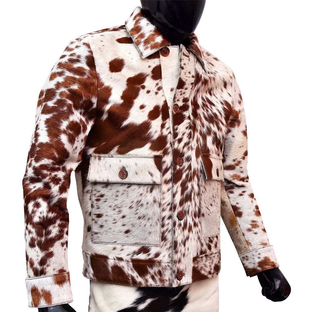 Three-quarter view of a Western cowhide chore jacket showing straight fit, long sleeves and buttoned flap pockets