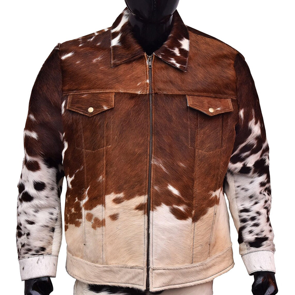 Full front view of a brown and ivory Western cowhide zip trucker jacket with pointed collar and paneled body