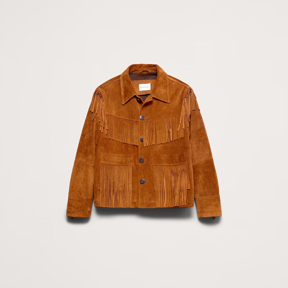 Flat front view of Western suede fringe jacket displaying symmetrical yoke tassels, two lower patch pockets and straight cuffs.