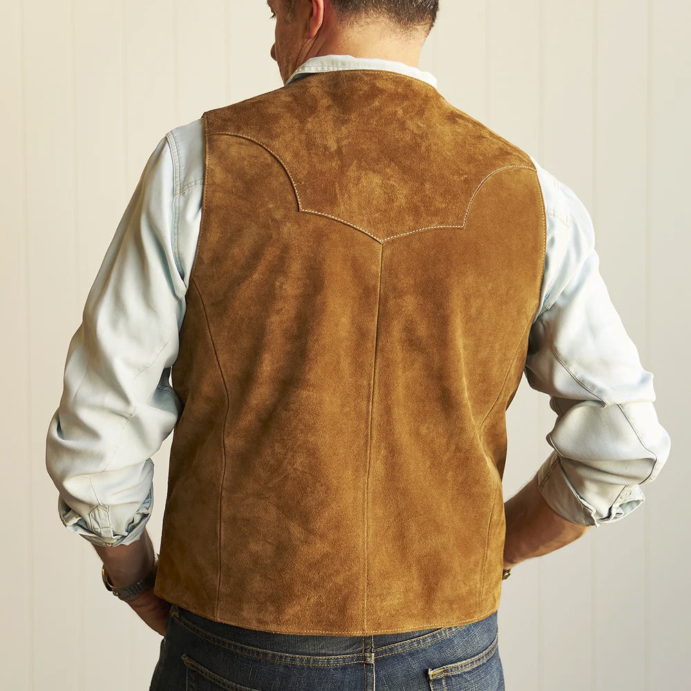 Rear fit view of the tan suede vest displaying its one-point Western yoke, center seam and shaped side panels