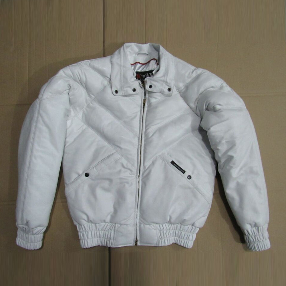 Front view of the white leather V-Bomber jacket without the fur collar, showing the clean bomber silhouette.
