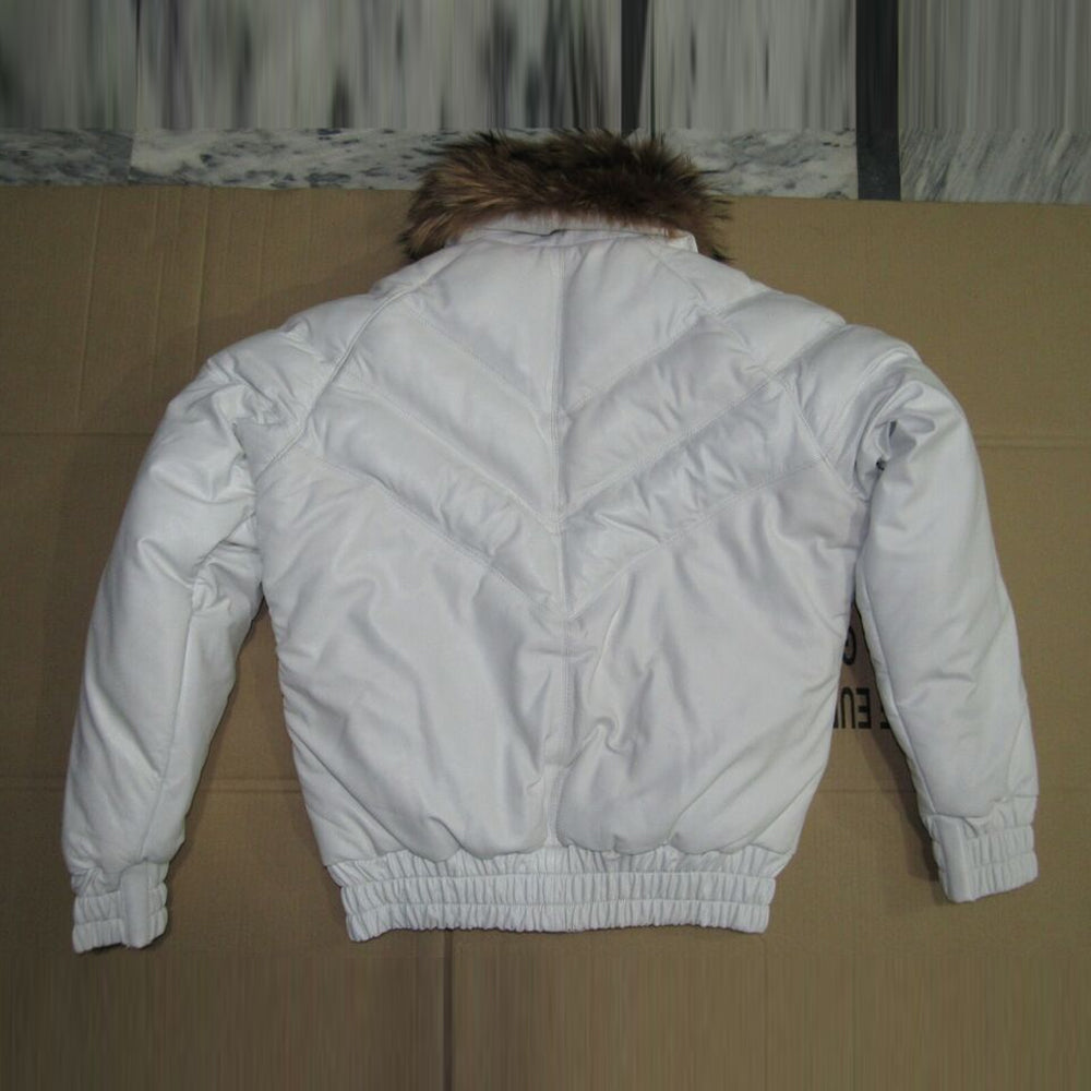 Rear view of the authentic white V-Bomber leather jacket showing the high-quality cowhide finish and fur detail.