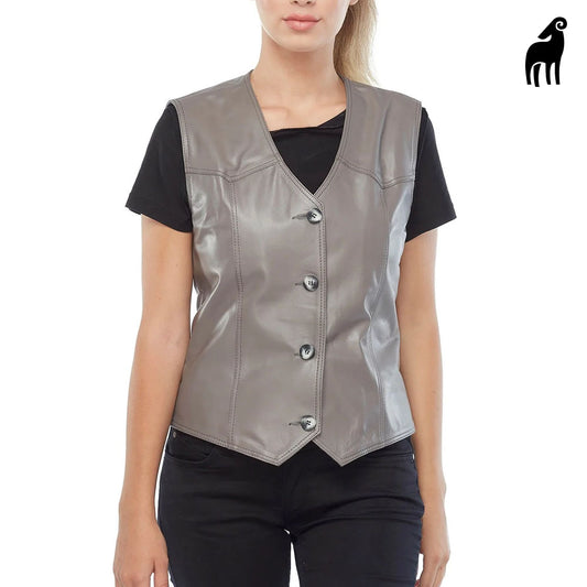 New Women Gray Moto Lambskin Leather Vest