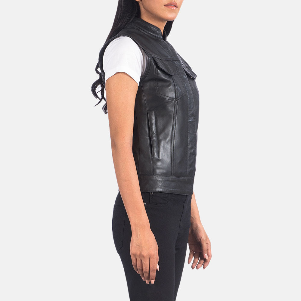 Women's black Lambskin Moto Leather Vest