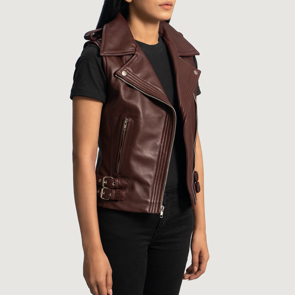 New Women's Maroon Biker Lambskin Leather Vest