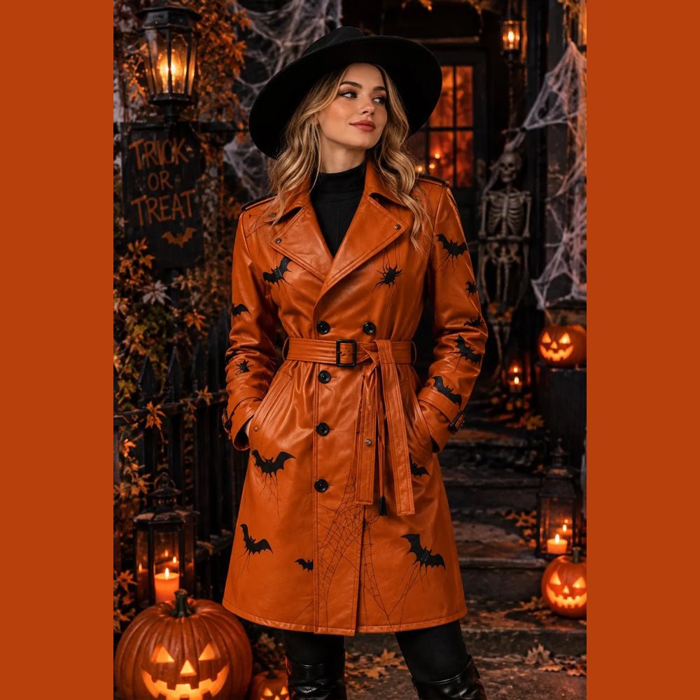 Front model view of women’s belted orange cowhide coat with bat and spiderweb artwork