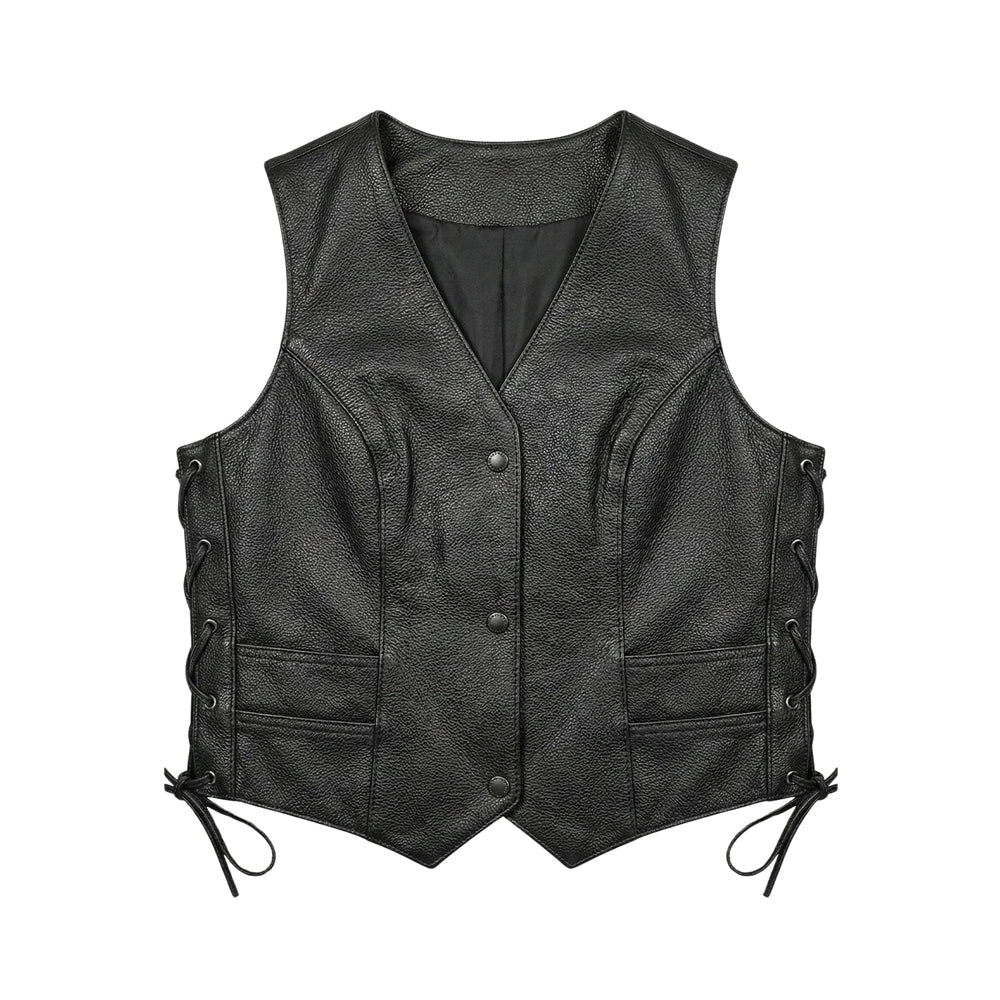 Front view of women’s black buffalo leather side-lace vest with three tonal snaps, pebbled grain, welt pockets and pointed hem
