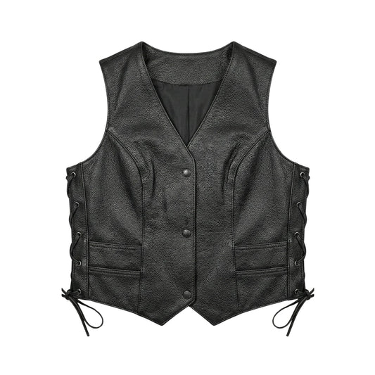 Front view of women’s black buffalo leather side-lace vest with three tonal snaps, pebbled grain, welt pockets and pointed hem