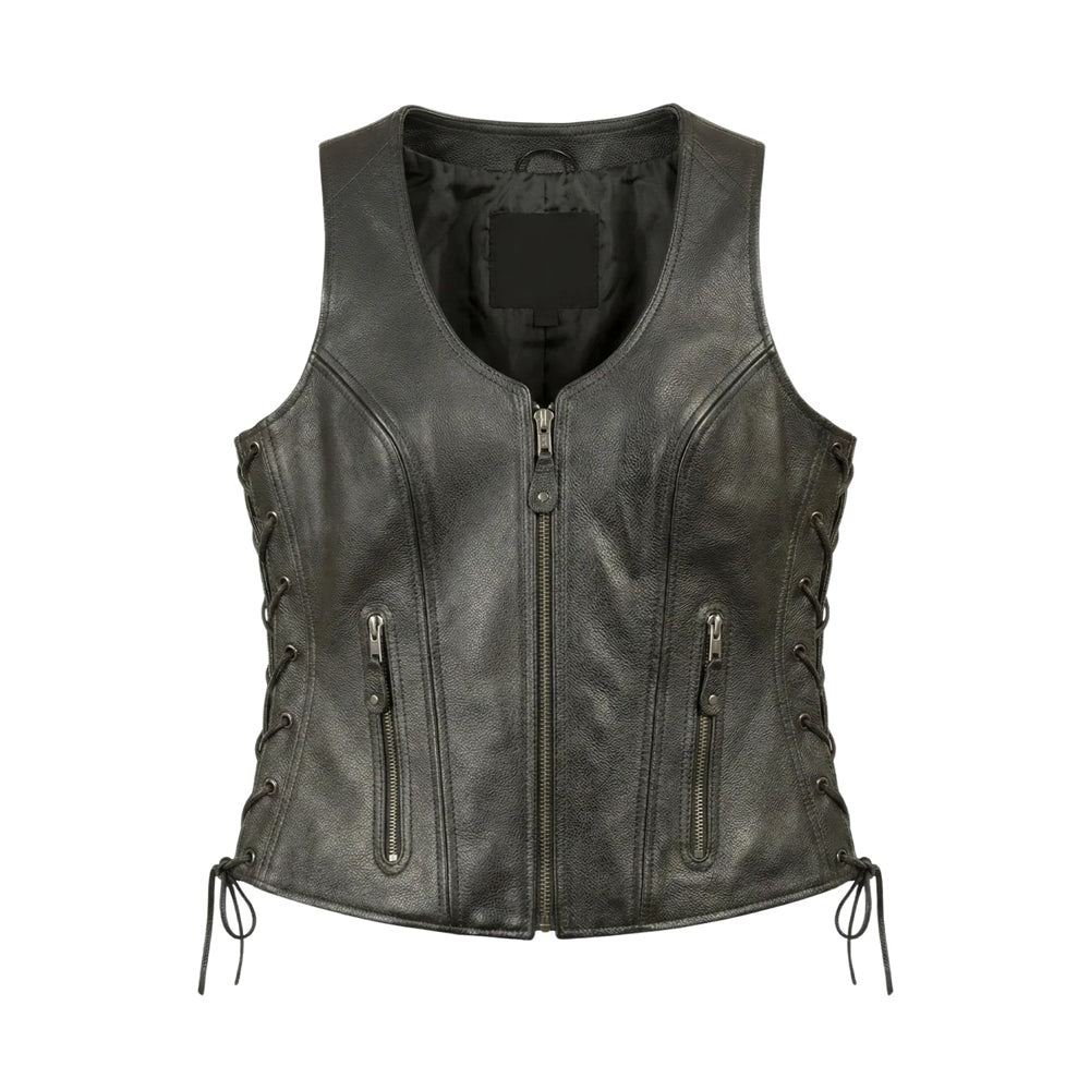 Front view of women’s black cowhide biker vest with center YKK zipper, two vertical pockets, curved seams and full side lacing