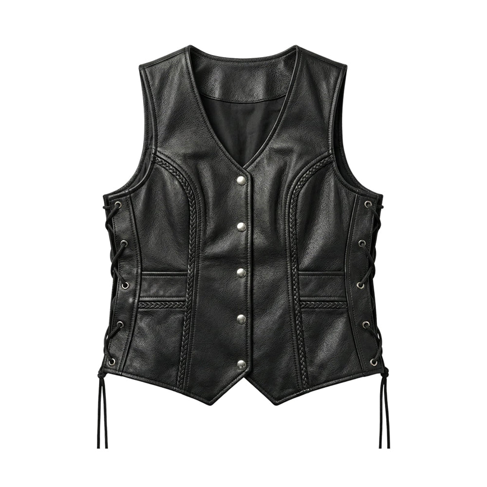 Front view of women’s black sheepskin lace-up leather vest with five silver snaps, braided panel trim, welt pockets and pointed hem