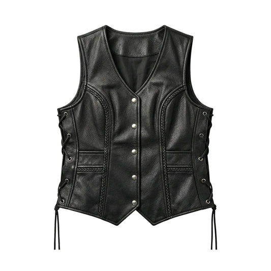 Front view of women’s black sheepskin lace-up leather vest with five silver snaps, braided panel trim, welt pockets and pointed hem