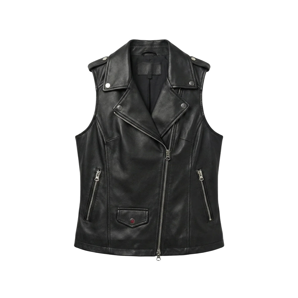 Front view of women’s black sheepskin leather biker vest with asymmetrical two-way zipper, snap lapels, epaulettes and three utility pockets