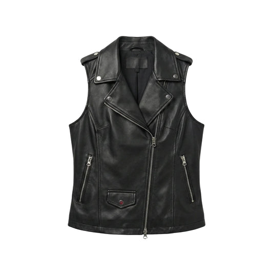 Front view of women’s black sheepskin leather biker vest with asymmetrical two-way zipper, snap lapels, epaulettes and three utility pockets