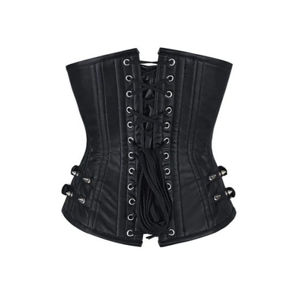 Rear product view of women’s black leather underbust corset with ribbon lacing and silver grommets
