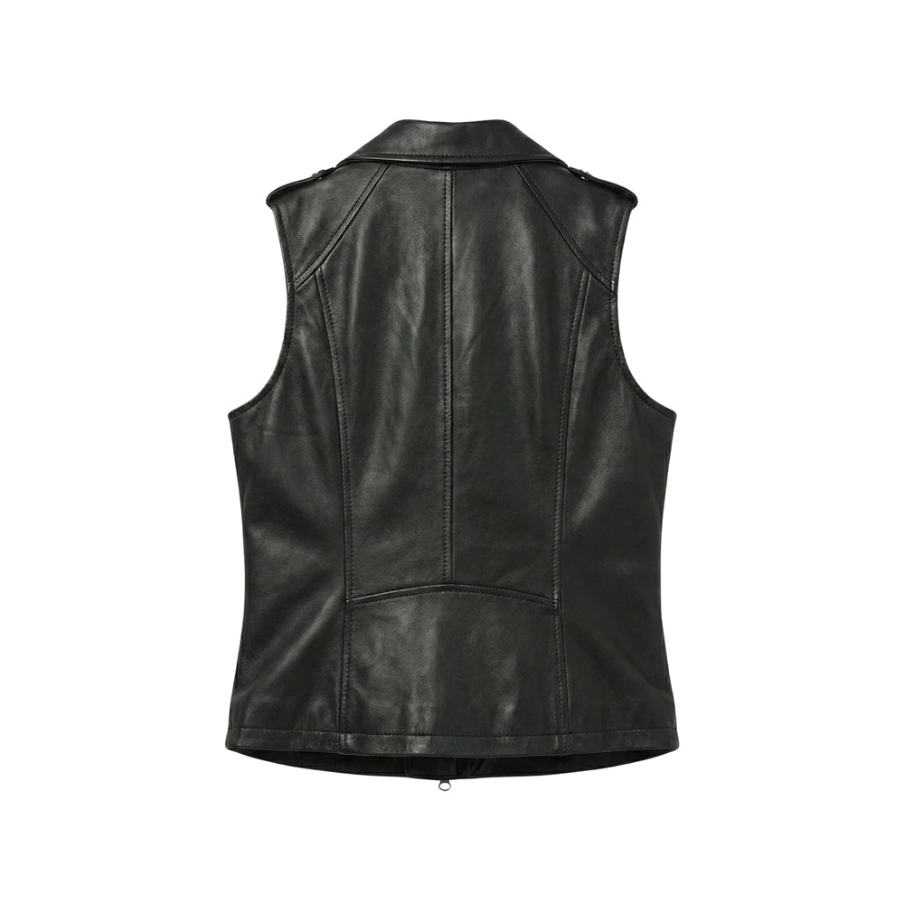 Back view of women’s black leather moto vest showing angular shoulder panels, center seam, contoured sides and curved lower-back insert