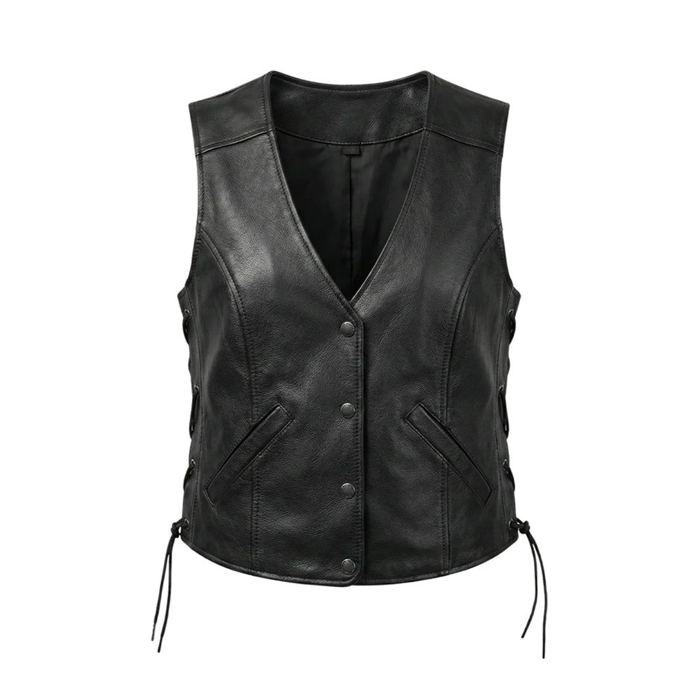 Front view of women’s black lambskin leather vest with deep V-neck, four gunmetal snaps, angled welt pockets and side laces