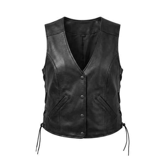 Front view of women’s black lambskin leather vest with deep V-neck, four gunmetal snaps, angled welt pockets and side laces