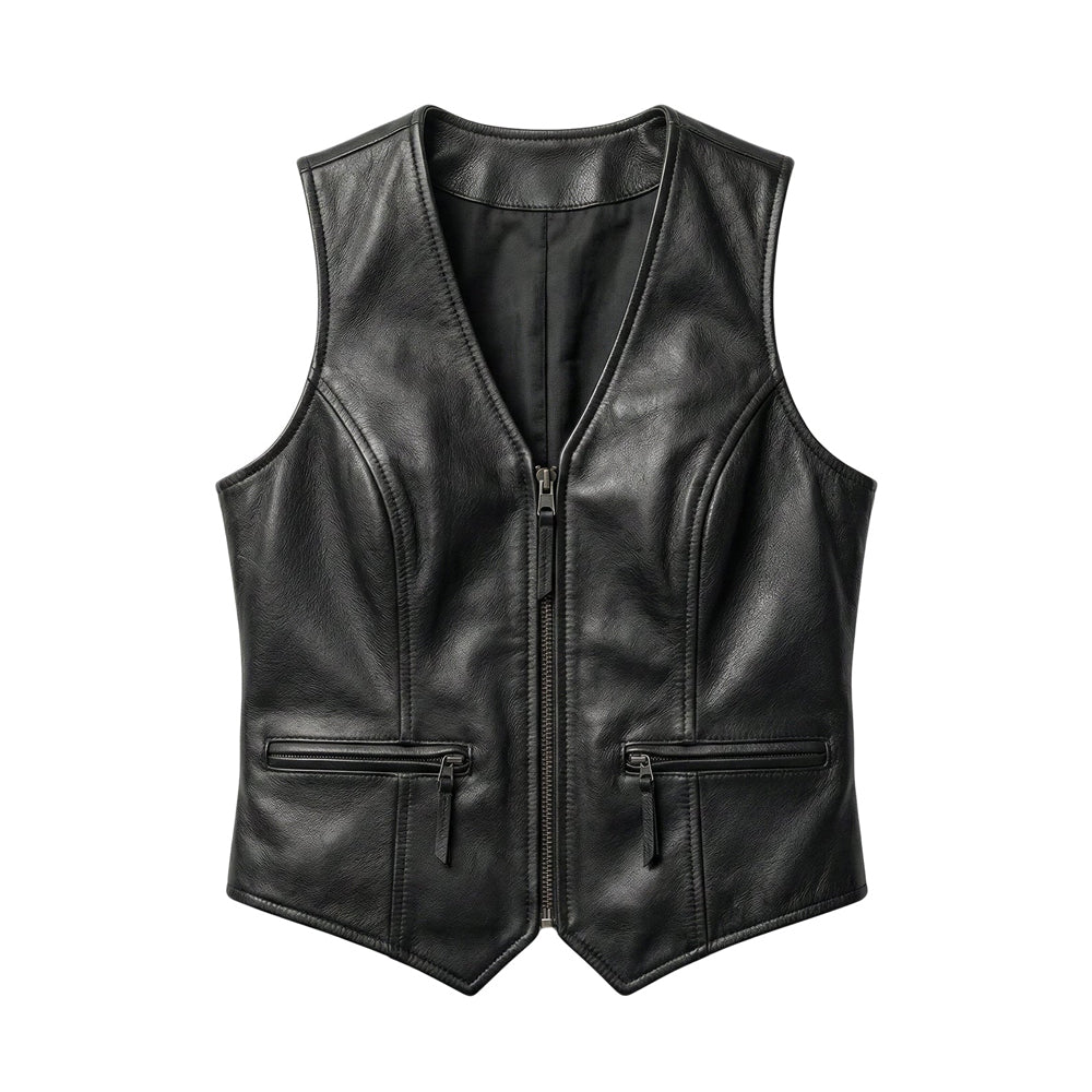 Front view of women’s black sheepskin moto vest with straight center zipper, curved seams, twin zip pockets and pointed hems