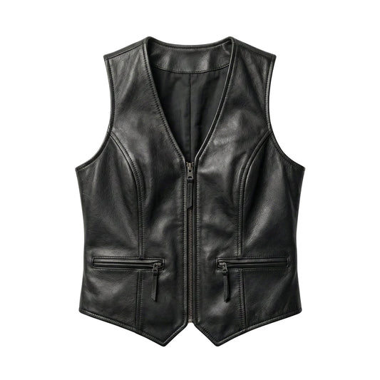 Front view of women’s black sheepskin moto vest with straight center zipper, curved seams, twin zip pockets and pointed hems