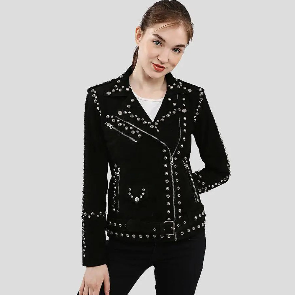 Women’s black studded suede biker jacket with asymmetric front zipper