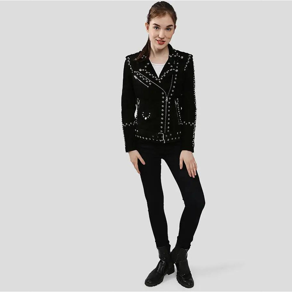 Full-length front view of women’s black studded suede jacket