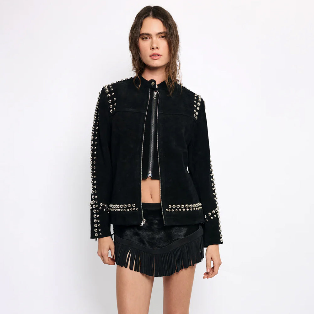 Full-length front view of a model wearing the oversized black cowhide suede studded racer jacket.