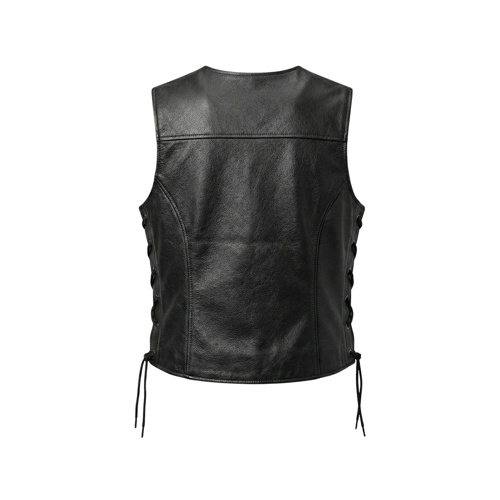 Back view of women’s black leather waistcoat showing shoulder yoke, shaped princess seams and adjustable side lacing