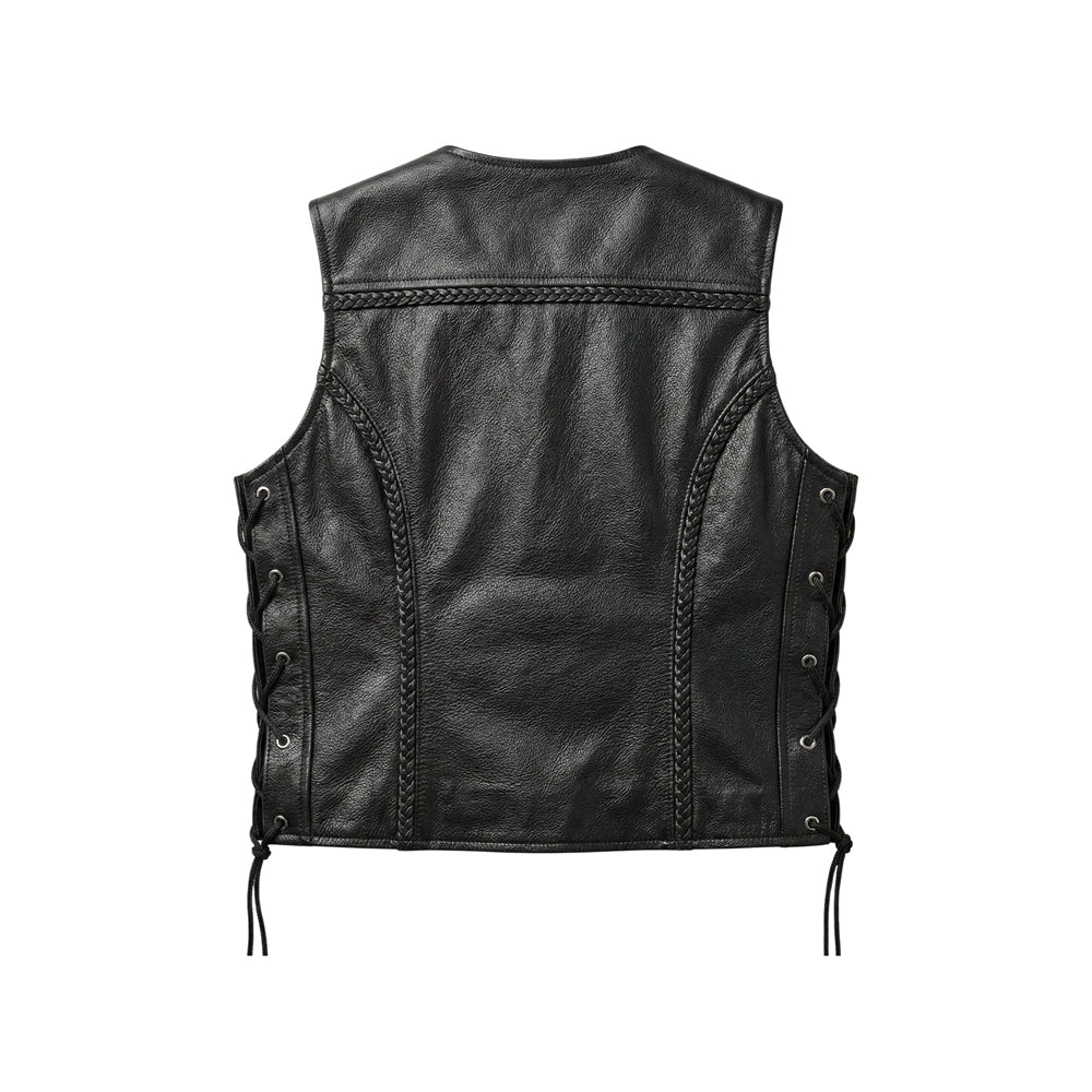 Back view of women’s black leather biker waistcoat showing braided yoke, curved rear panels, metal eyelets and adjustable side laces