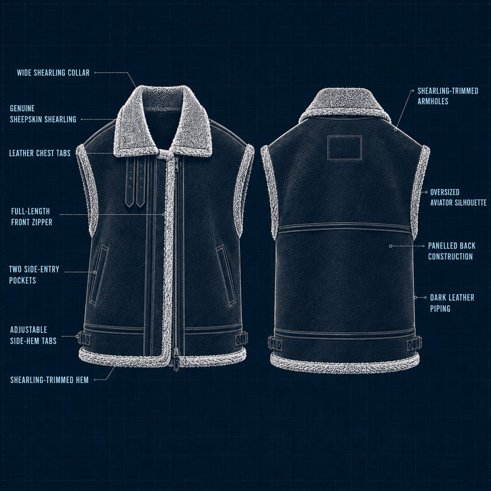 Women's brown aviator shearling vest blueprint showing front, back and construction features