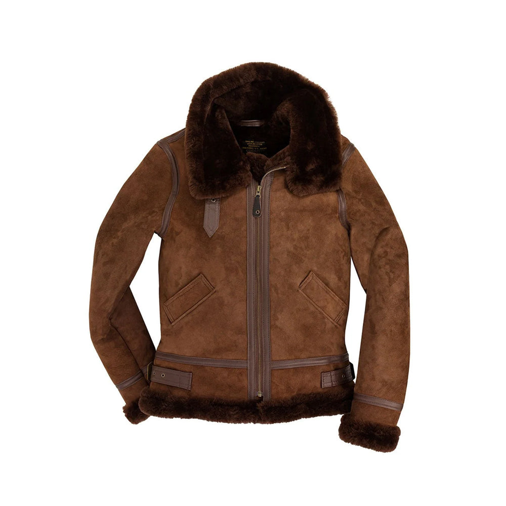 Front view of women’s brown B-3 shearling jacket with suede shell, dark fleece collar, brass zip, welt pockets and waist tabs.