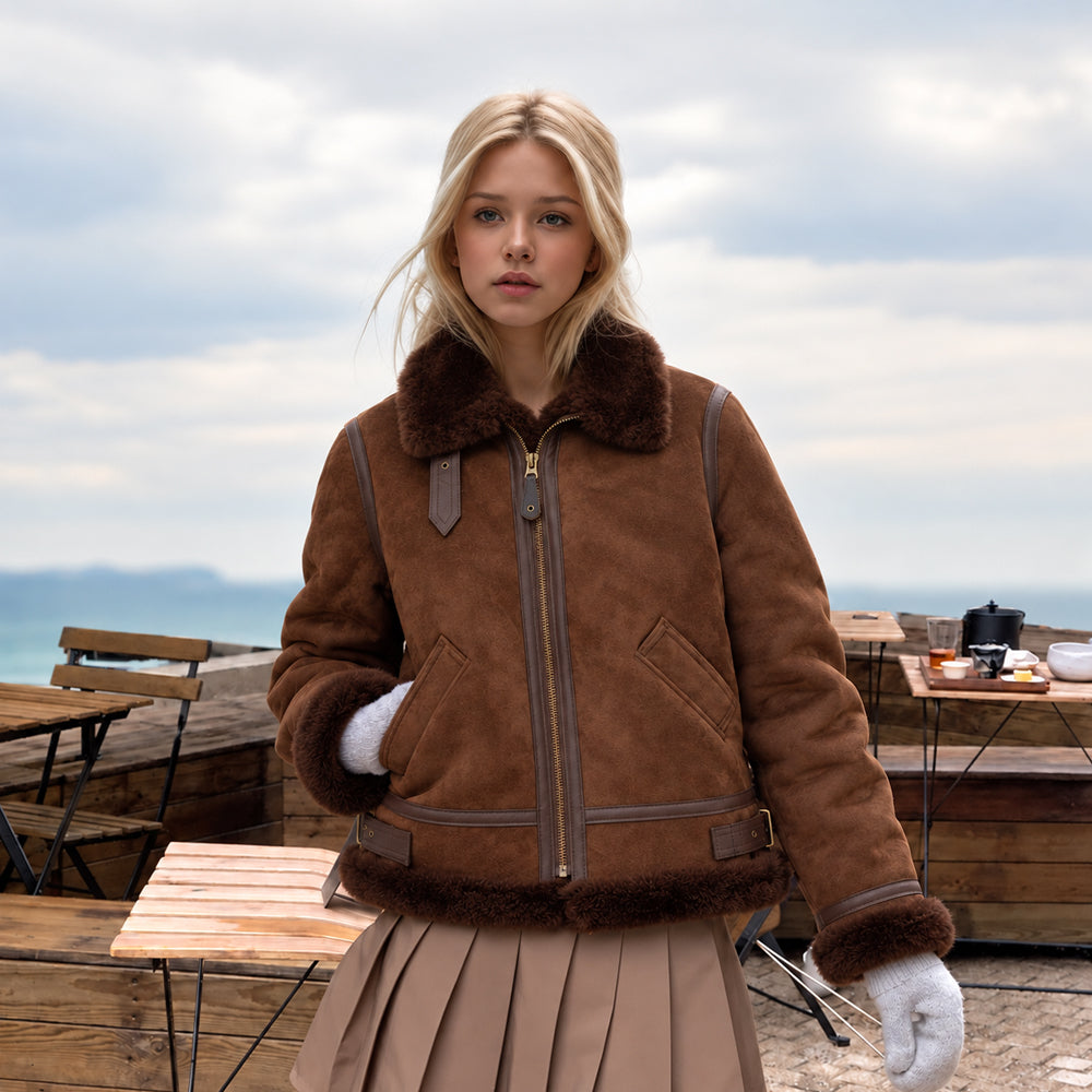 Woman wearing a brown suede shearling flight jacket with oversized dark collar, exposed cuffs, angled hand pockets and fitted B-3 shape.