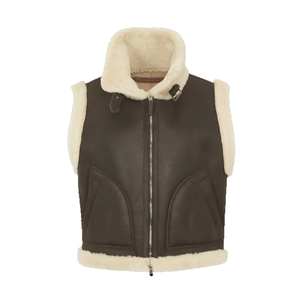Front product view of women’s brown shearling leather vest with buckle collar and curved pockets